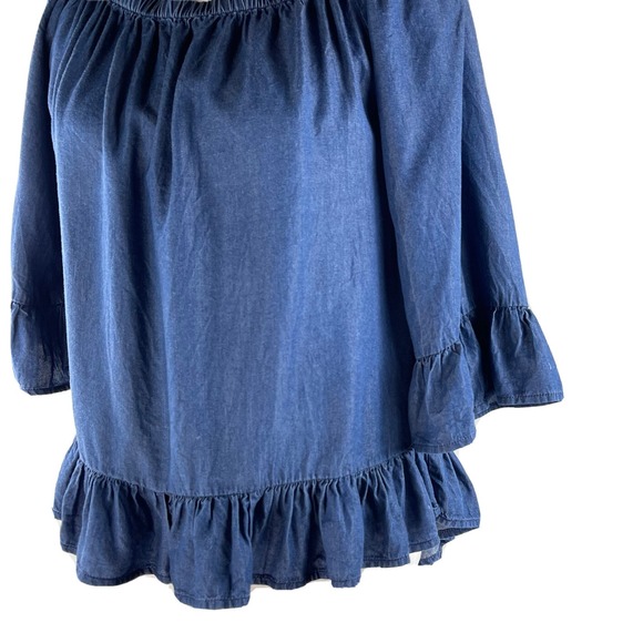 Jane And Delany Blue Denim Off Shoulder High Low 3/4 Bell Sleeve Top Womens M - Picture 4 of 10
